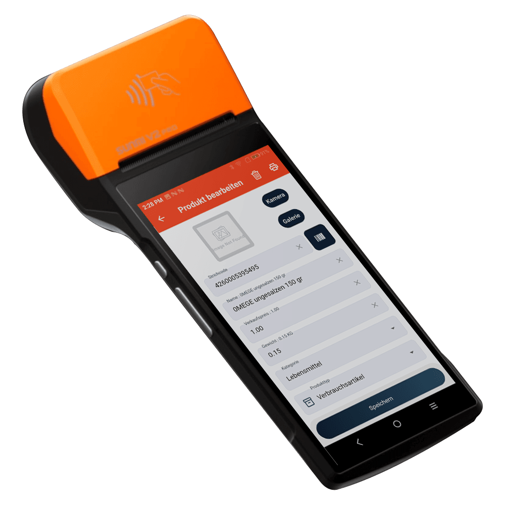 InSoft mobile POS on a Sunmi handheld — product edit screen for barcodes, prices and catalog