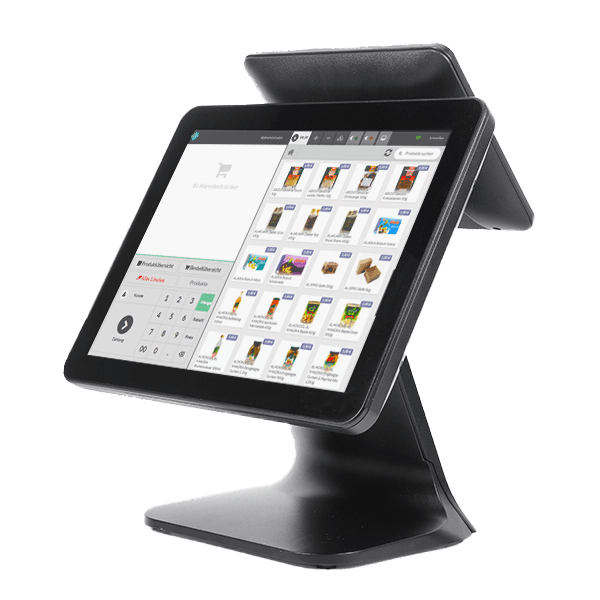 InSoft POS on a tablet stand — number pad, live cart and product grid for retail checkout